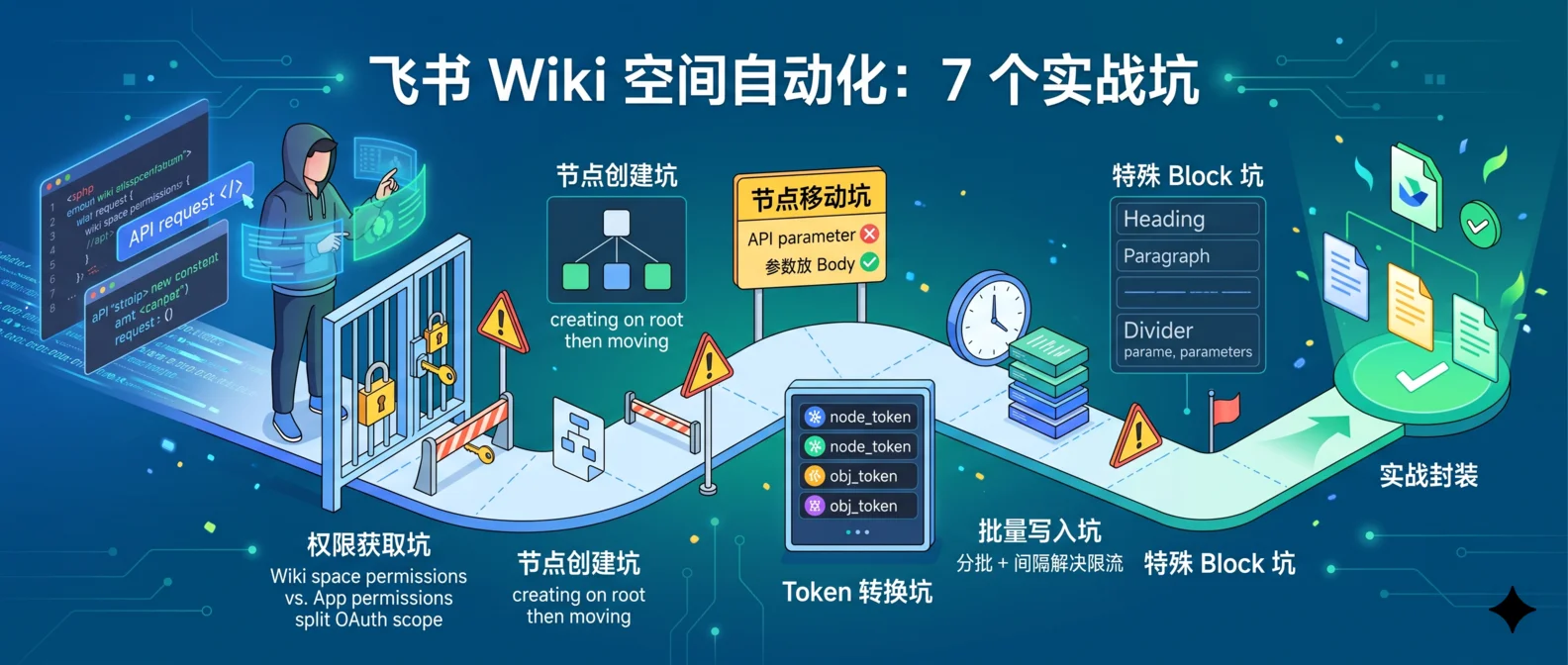 飞书 Wiki 空间自动化：从权限获取到批量写入的 7 个实战坑